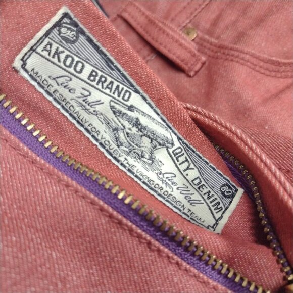 AKOO Mens Red Denim Jeans Straight Leg 36in X 33in Embroidered Pockets - Picture 12 of 14